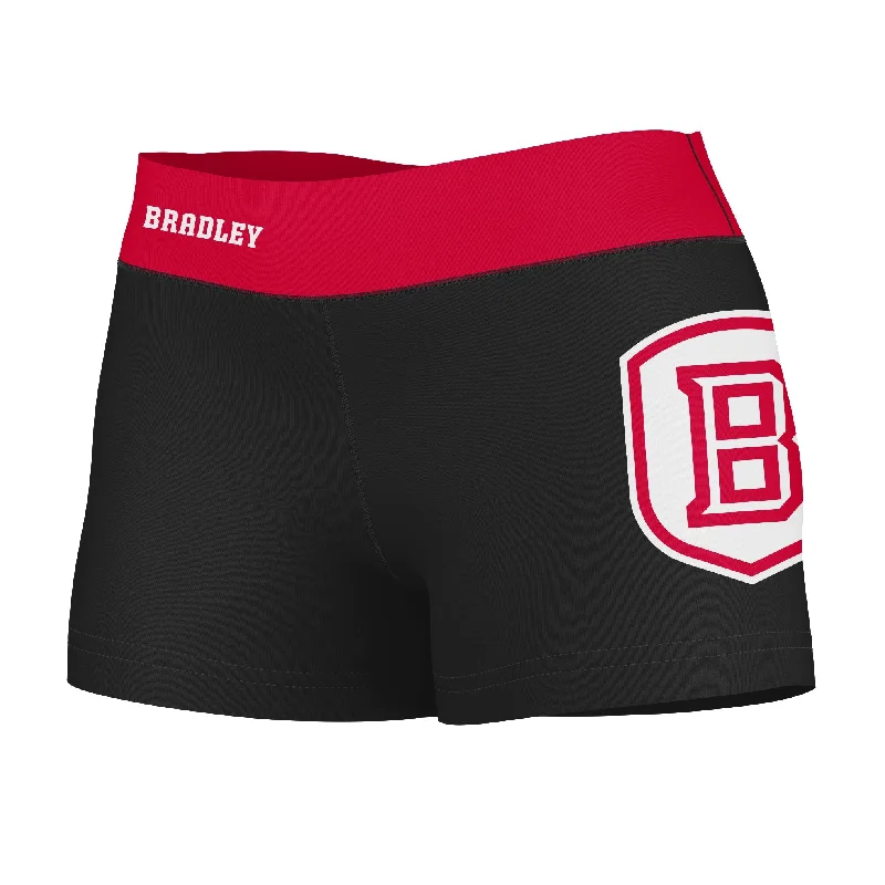 Bradley Braves Logo on Thigh & Waistband Black & Red Womens Yoga Booty Workout Shorts by Vive La Fete