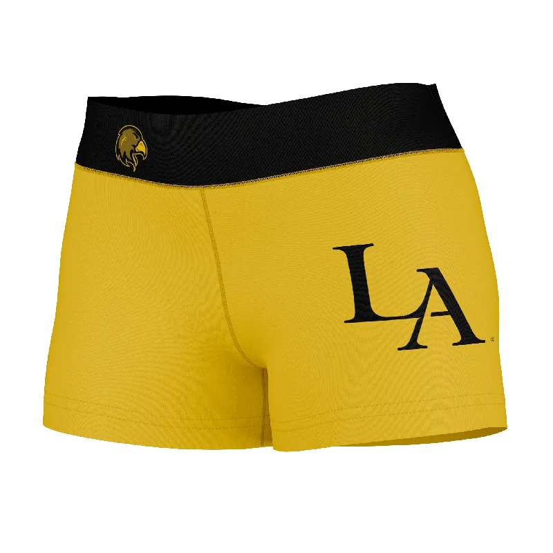 Cal State LA Golden Eagles Logo on Thigh & Waistband Gold Black Womens Yoga Booty Workout Shorts by Vive La Fete