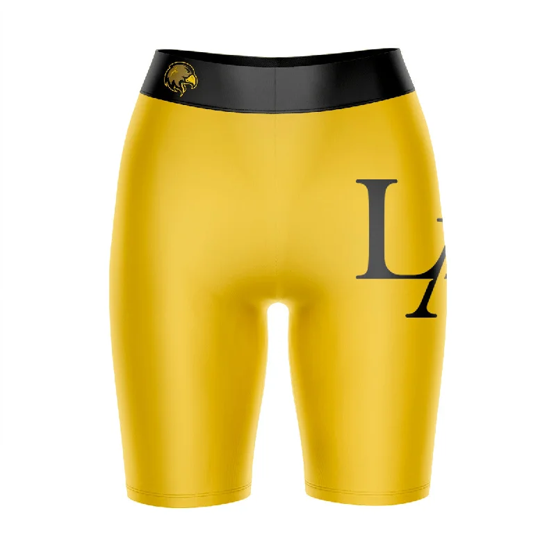 Cal State LA Golden Eagles Game Day Logo on Thigh and Waistband Gold and Black Womens Bike Shorts by Vive La Fete