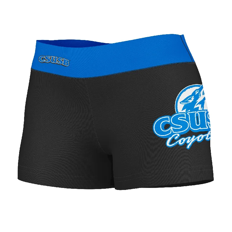 Cal State San Bernardino Coyotes CSUSB Logo on Thigh & Waistband Black Blue Womens Yoga Booty Workout Shorts by Vive La Fete