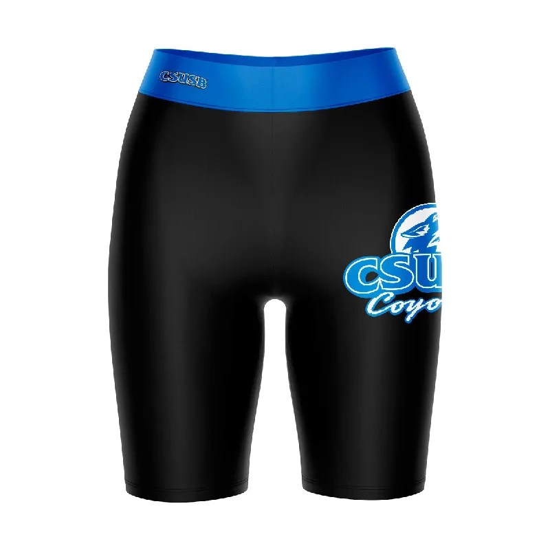 Cal State San Bernardino Coyotes CSUSB Logo on Thigh and Waistband Black and Blue Womens Bike Shorts by Vive La Fete