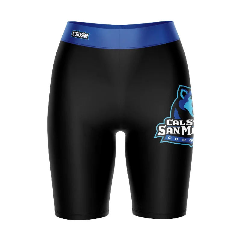 Cal State San Marcos Cougars Game Day Logo on Thigh and Waistband Black and Blue Womens Bike Shorts by Vive La Fete