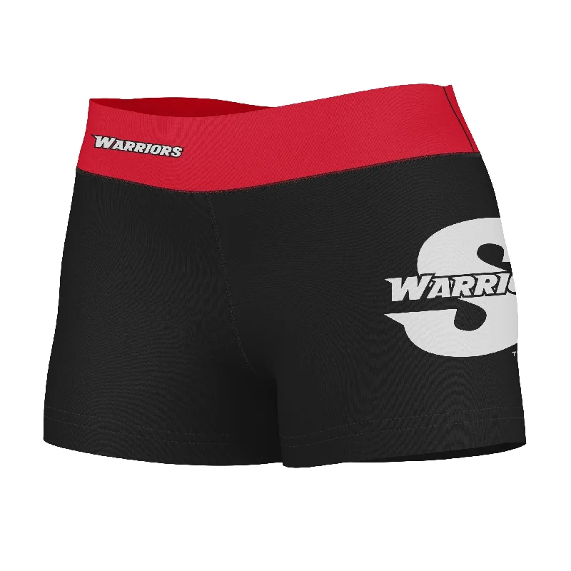 Cal State Stanislaus Warriors CSUSTAN Logo on Thigh & Waistband Black & Red Womens Yoga Booty Workout Shorts by Vive La Fete