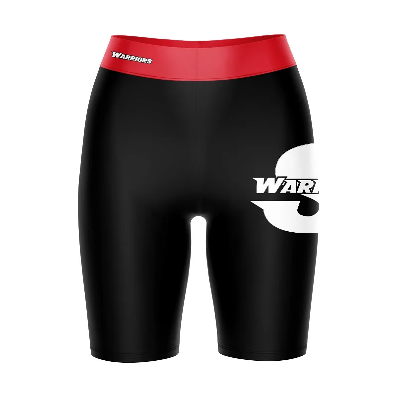 Cal State Stanislaus Warriors CSUSTAN Logo on Thigh and Waistband Black and Red Womens Bike Shorts by Vive La Fete