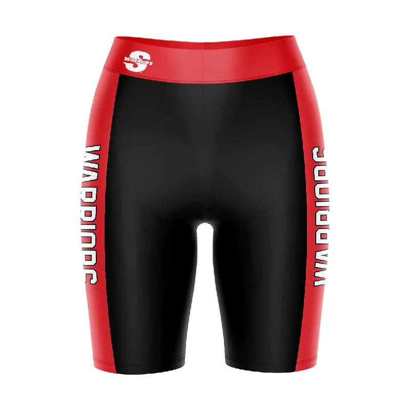 California State Stanislaus Warriors Logo on Waistband and Red Stripes Black Womens Bike Shorts by Vive La Fete