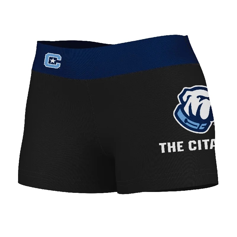 Citadel Bulldogs Logo on Thigh & Waistband Black & Blue Womens Yoga Booty Workout Shorts by Vive La Fete