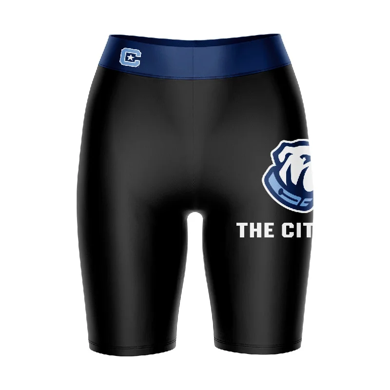 Citadel Bulldogs Game Day Logo on Thigh and Waistband Black and Blue Womens Bike Shorts by Vive La Fete