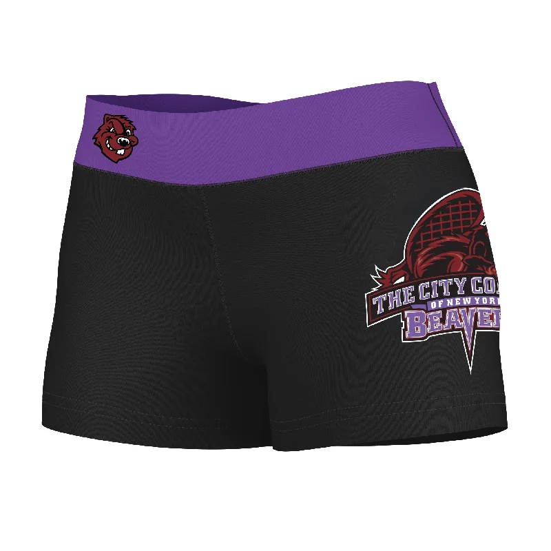 City College of New York Beavers Logo on Thigh & Waistband Black & Purple Womens Yoga Booty Workout Shorts by Vive La Fete