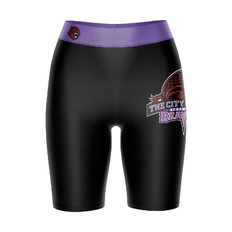 City College of New York Beavers Logo on Thigh and Waistband Black and Purple Womens Bike Shorts by Vive La Fete