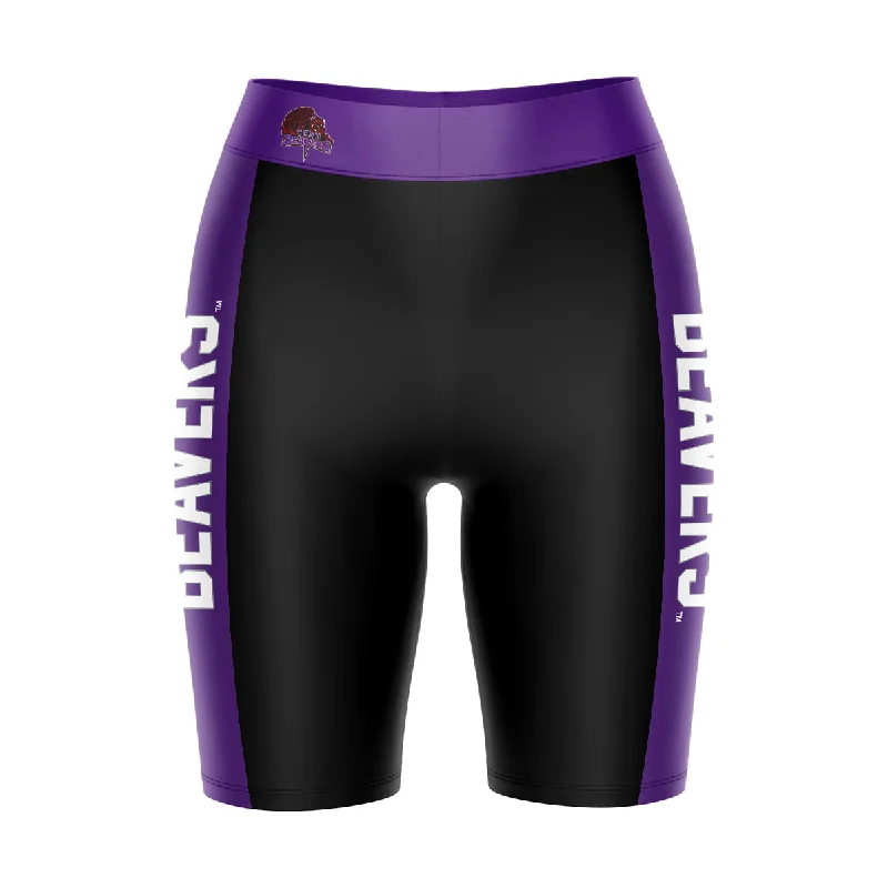 City College of New York CCNY Game Day Logo on Waistband and Purple Stripes Black Womens Bike Shorts by Vive La Fete