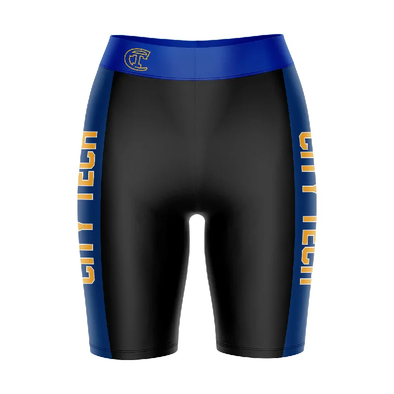 City Tech Yellow Jackets NYCCT Game Day Logo on Waistband and Blue Stripes Black Womens Bike Shorts by Vive La Fete