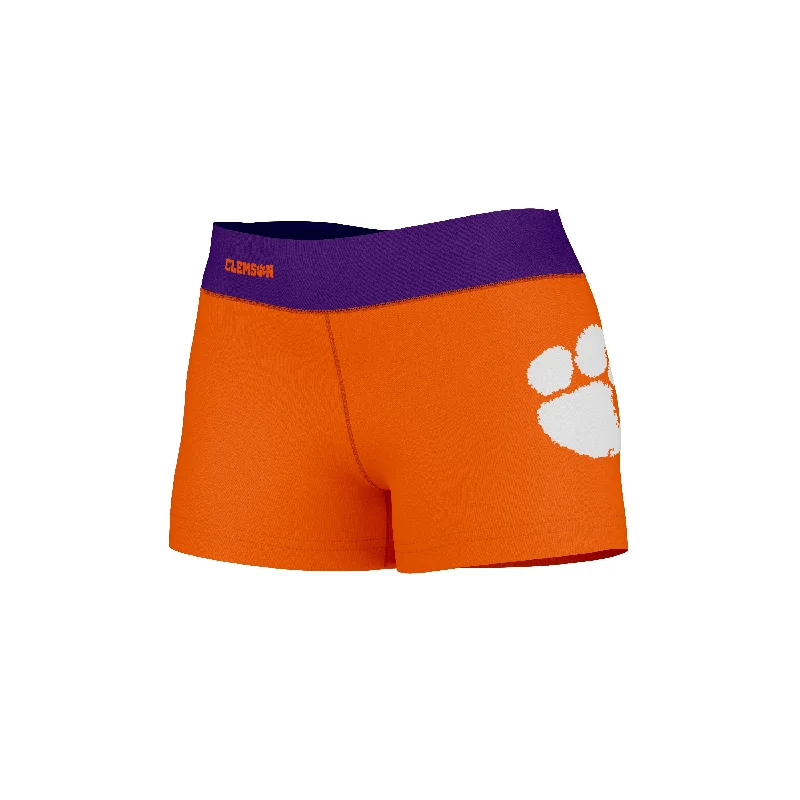 Clemson Tigers Logo on Thigh and Waistband Orange & Purple Womens Yoga Booty Workout Shorts by Vive La Fete