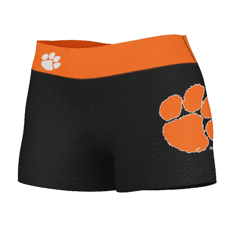 Clemson Tigers Logo on Thigh & Waistband Black & Orange Womens Yoga Booty Workout Shorts by Vive La Fete