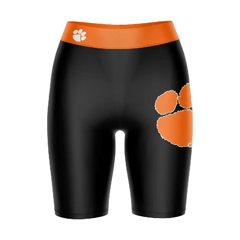 Clemson Tigers Game Day Logo on Thigh and Waistband Black and Orange Womens Bike Shorts by Vive La Fete