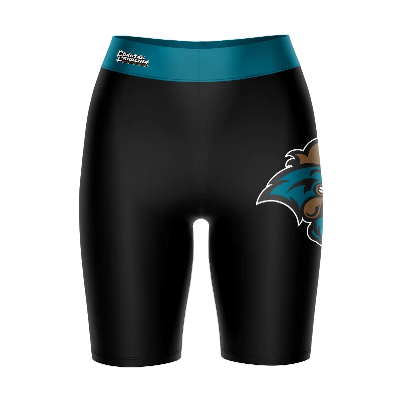 Coastal Carolina Chanticleers CCU Logo on Thigh and Waistband Black and Teal Womens Bike Shorts by Vive La Fete