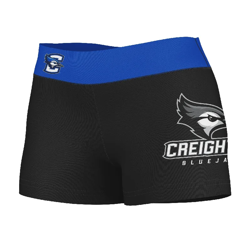 Creighton Bluejays Logo on Thigh & Waistband Black & Blue Womens Yoga Booty Workout Shorts by Vive La Fete