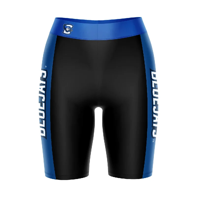 Creighton University Bluejays Game Day Logo on Waistband and Blue Stripes Black Womens Bike Shorts by Vive La Fete