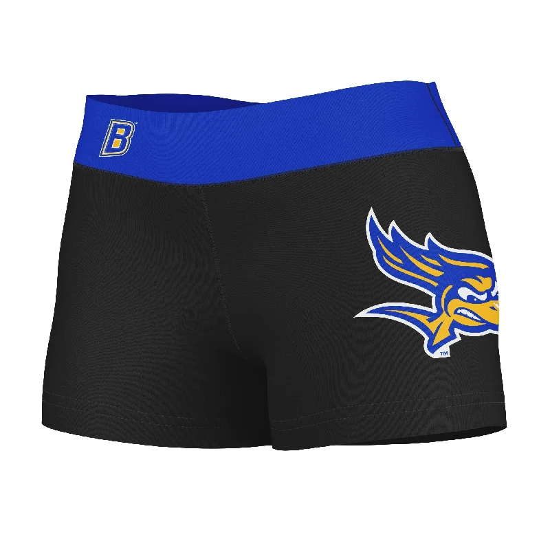 CSU Bakersfield Roadrunners Logo on Thigh & Waistband Black & Blue Womens Yoga Booty Workout Shorts by Vive La Fete