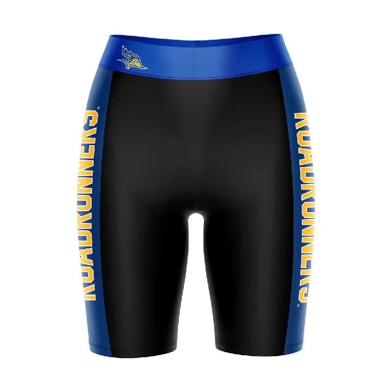 CSU Bakersfield Roadrunners Game Day Logo on Waistband and Blue Stripes Black Womens Bike Shorts by Vive La Fete