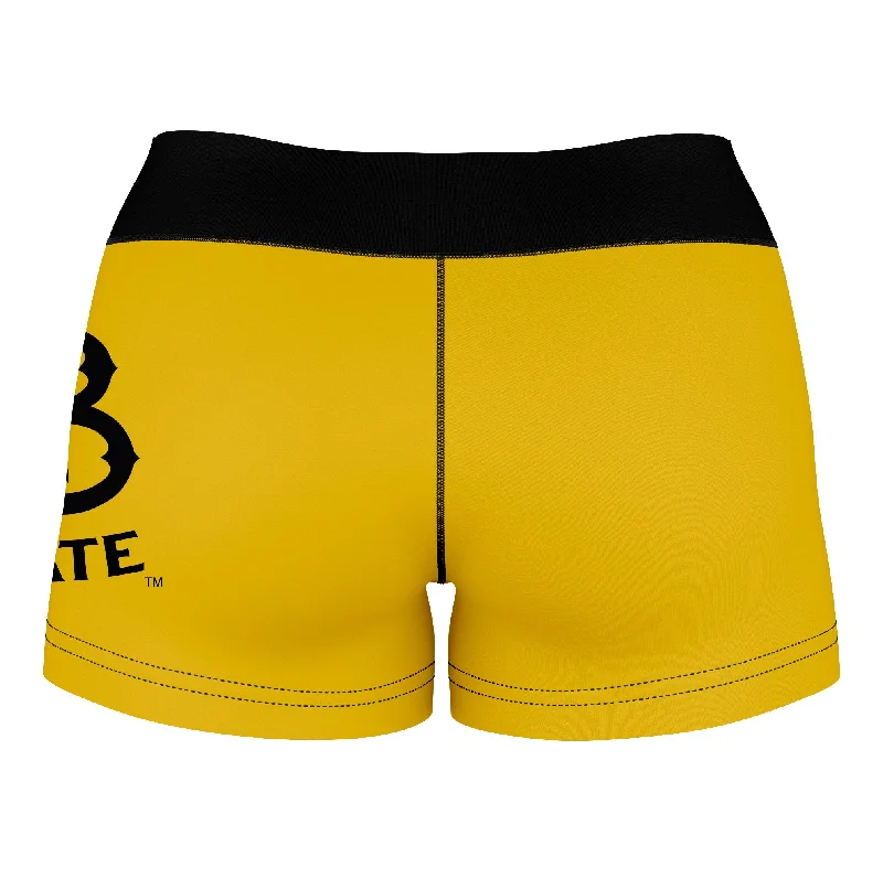 CSULB 49ers Logo on Thigh & Waistband Gold Black Womens Yoga Booty Workout Shorts by Vive La Fete