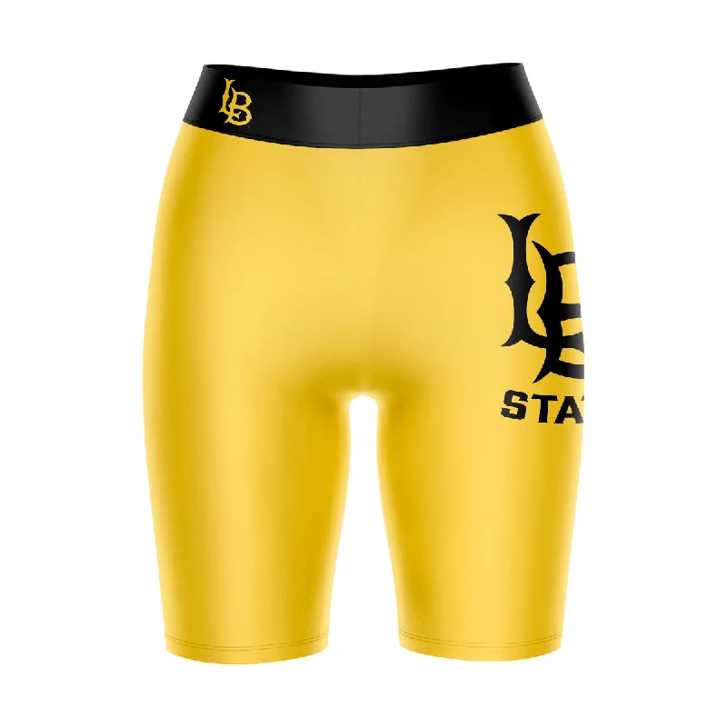 CSULB 49ers Game Day Logo on Thigh and Waistband Gold and Black Womens Bike Shorts by Vive La Fete