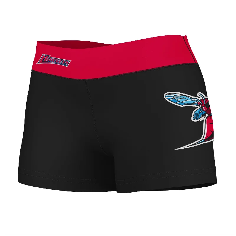 Delaware State Hornets Logo on Thigh & Waistband Black & Red Womens Yoga Booty Workout Shorts by Vive La Fete