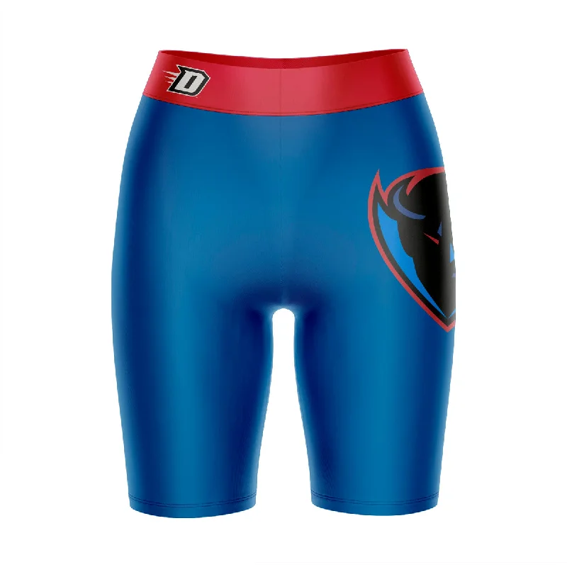 Depaul Blue Demons Game Day Logo on Thigh and Waistband Blue and Red Womens Bike Shorts by Vive La Fete