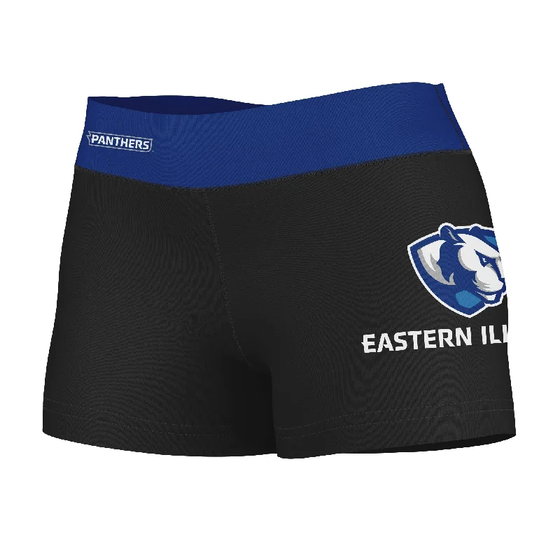 Eastern Illinois Panthers EIU Logo on Thigh & Waistband Black & Blue Womens Yoga Booty Workout Shorts by Vive La Fete