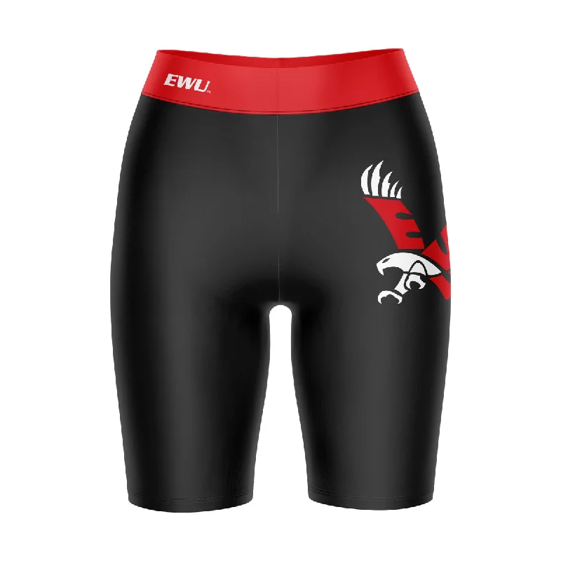 Eastern Washington Eagles EWU Game Day Logo on Thigh and Waistband Black and Red Womens Bike Shorts by Vive La Fete