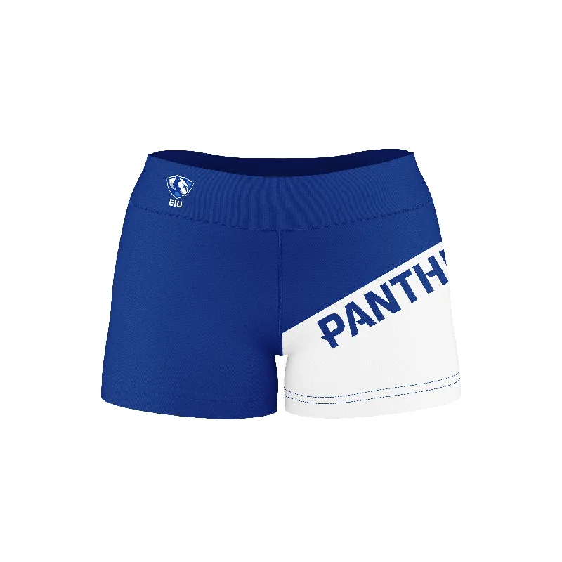 EIU Eastern Illinois University Game Day Collegiate Leg Color Block Blue White Optimum Womens Yoga Shorts by Vive La Fete