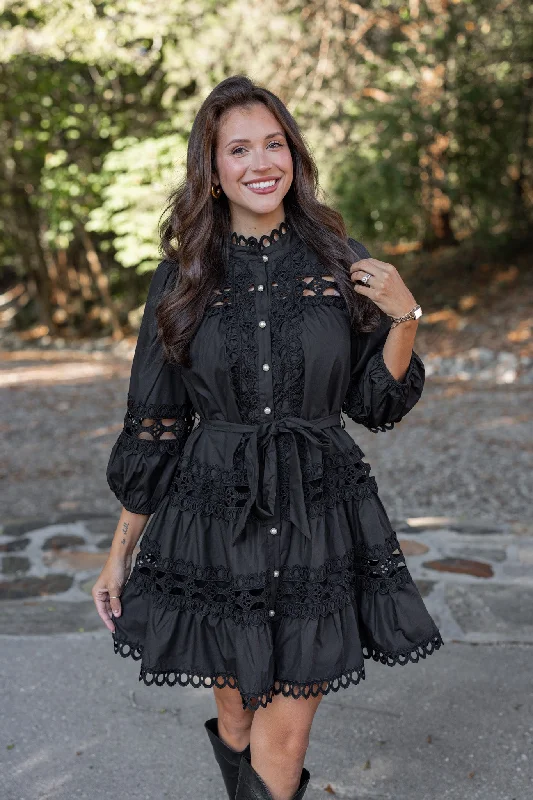 Embroidered Lace Black Tiered Dress