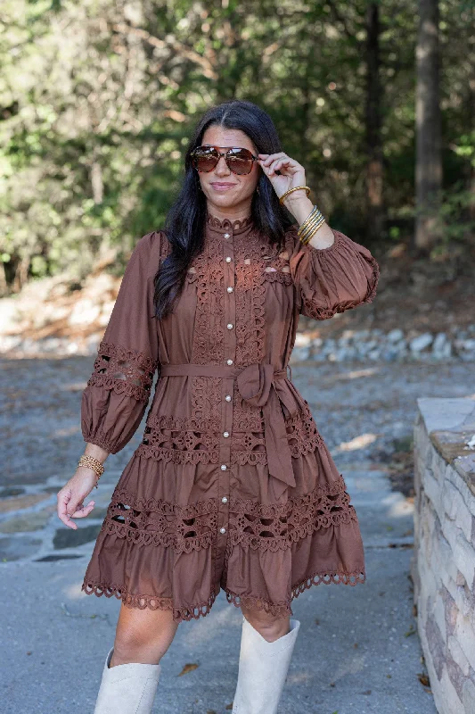 Embroidered Lace Brown Tiered Dress