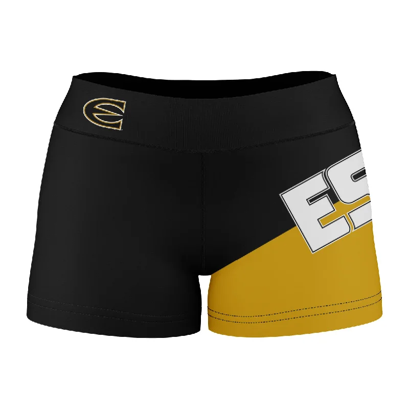 Emporia State Hornets Game Day Collegiate Leg Color Block Black Gold Optimum Womens Yoga Shorts by Vive La Fete