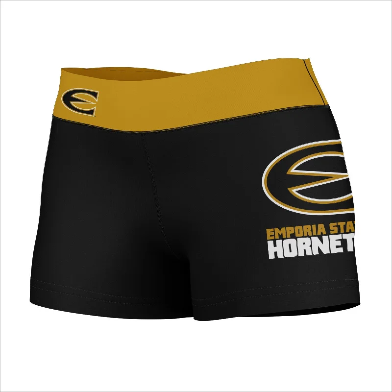 Emporia State Hornets Logo on Thigh & Waistband Black & Gold Womens Yoga Booty Workout Shorts by Vive La Fete