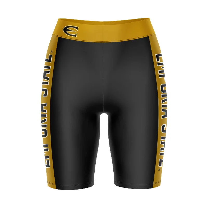 Emporia State Hornets Game Day Logo on Waistband and Gold Stripes Black Womens Bike Shorts by Vive La Fete