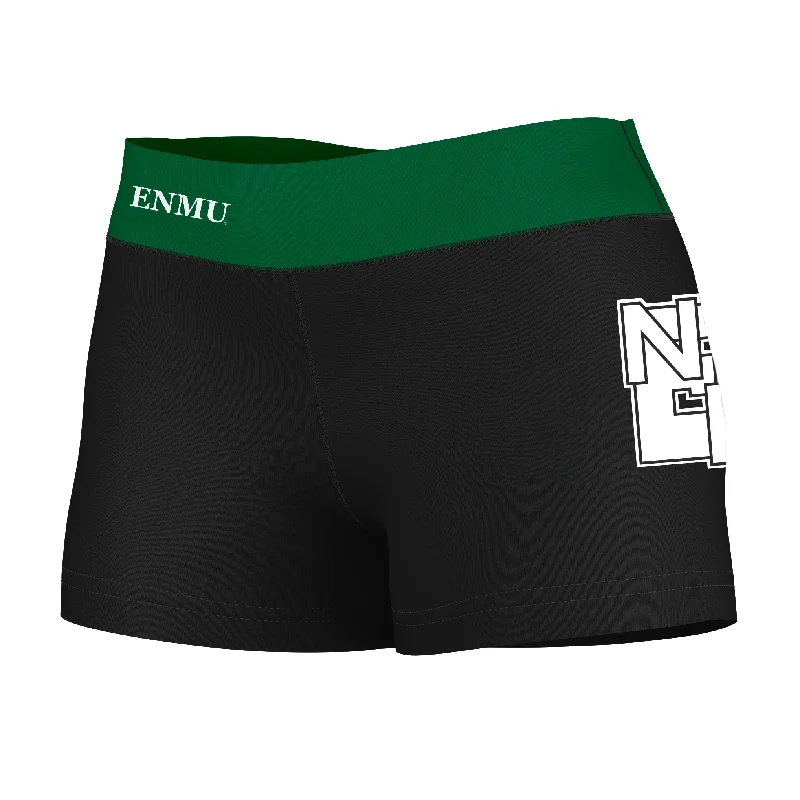 ENMU Eastern New Mexico Greyhounds Logo on Thigh & Waistband Black & Green Womens Yoga Booty Workout Shorts by Vive La Fete