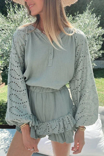 Massive Deals Eyelet Half Button Top and Shorts Set