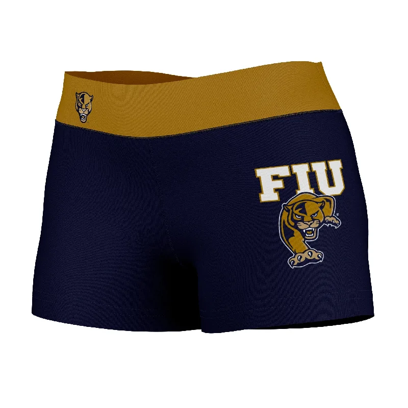 FIU Panthers Logo on Thigh & Waistband Blue Gold Womens Yoga Booty Workout Shorts by Vive La Fete