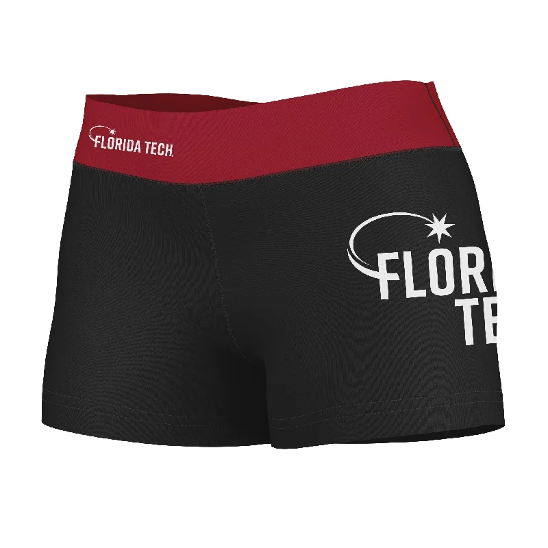 Florida Tech Panthers Logo on Thigh & Waistband Black & Red Womens Yoga Booty Workout Shorts by Vive La Fete