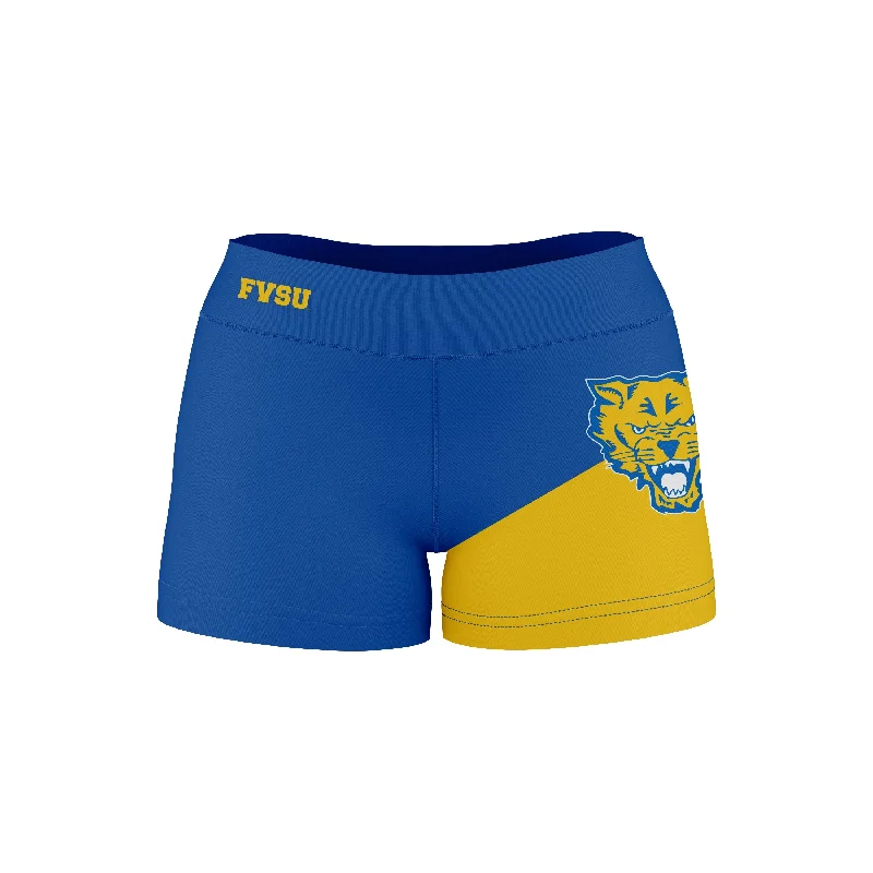 Fort Valley State Wildcats FVSU Game Day Collegiate Leg Color Block Blue Gold Optimum Womens Yoga Shorts by Vive La Fete