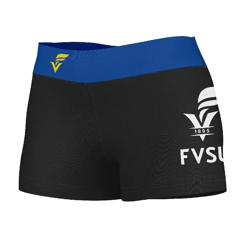 Fort Valley State Wildcats FVSU Logo on Thigh & Waistband Black & Blue Womens Yoga Booty Workout Shorts by Vive La Fete