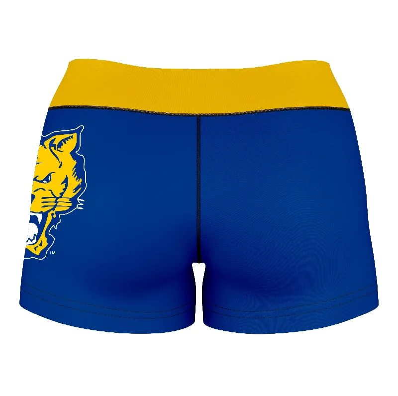 Fort Valley State Wildcats FVSU Logo on Thigh & Waistband Blue Gold Womens Yoga Booty Workout Shorts by Vive La Fete