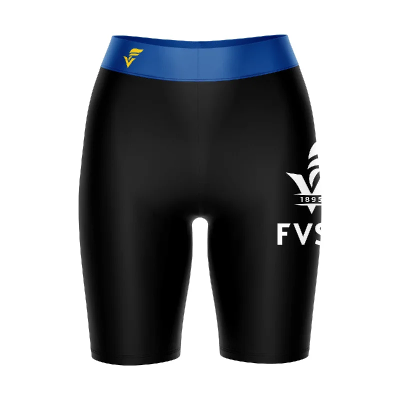 Fort Valley State Wildcats FVSU Logo on Thigh and Waistband Black and Blue Womens Bike Shorts by Vive La Fete