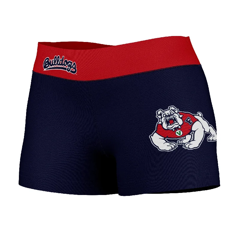 Fresno State Bulldogs Logo on Thigh & Waistband Blue Red Womens Yoga Booty Workout Shorts by Vive La Fete