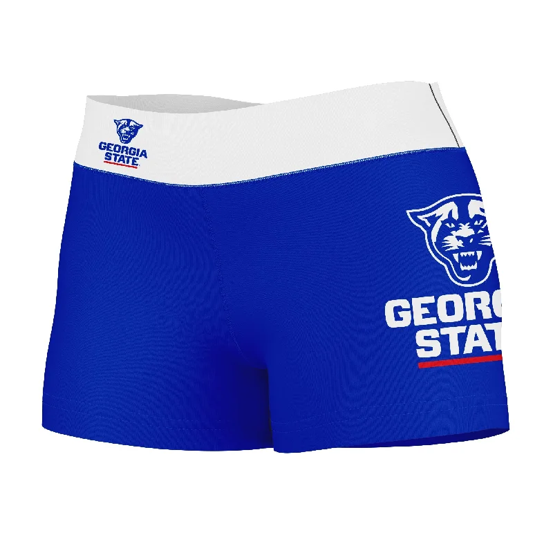 Georgia State Panthers Logo on Thigh & Waistband Blue White Womens Yoga Booty Workout Shorts by Vive La Fete