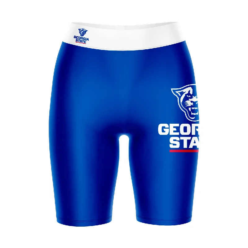 Georgia State Panthers Game Day Logo on Thigh and Waistband Blue and White Womens Bike Shorts by Vive La Fete