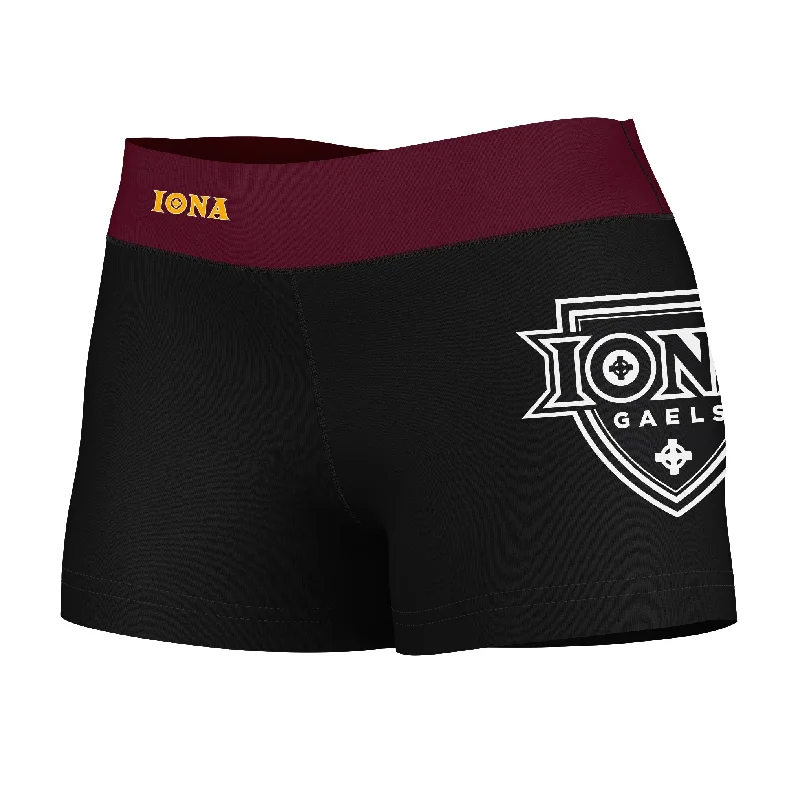 Iona Gaels Logo on Thigh & Waistband Black & Maroon Womens Yoga Booty Workout Shorts by Vive La Fete