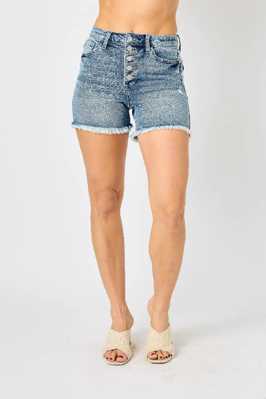Extra Discounts Judy Blue Full Size Button Fly Raw Hem Denim Shorts