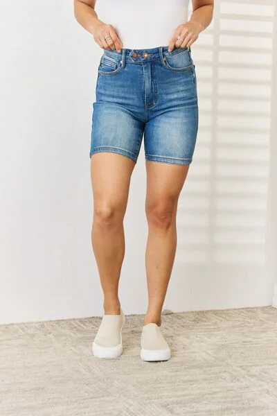 Early Access Judy Blue Full Size Tummy Control Double Button Bermuda Denim Shorts