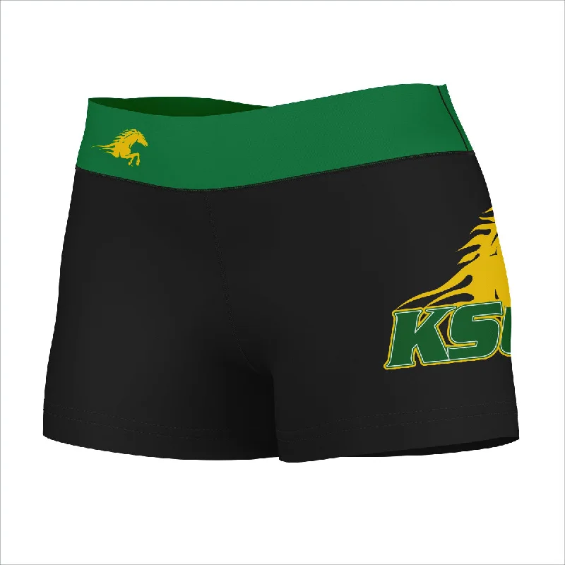 Kentucky State Thorobreds Logo on Thigh & Waistband Black Green Womens Yoga Booty Workout Shorts by Vive La Fete